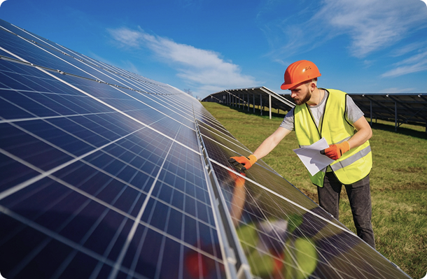 Especialista trabajando en un parque de paneles solares